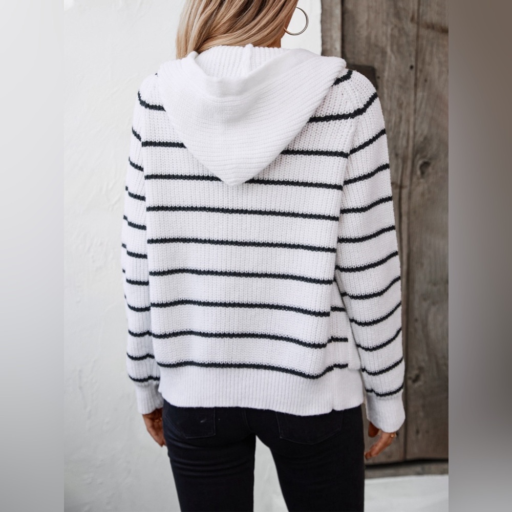 Striped Button Up Long Sleeve Hooded Cardigan - Picture 2 of 7